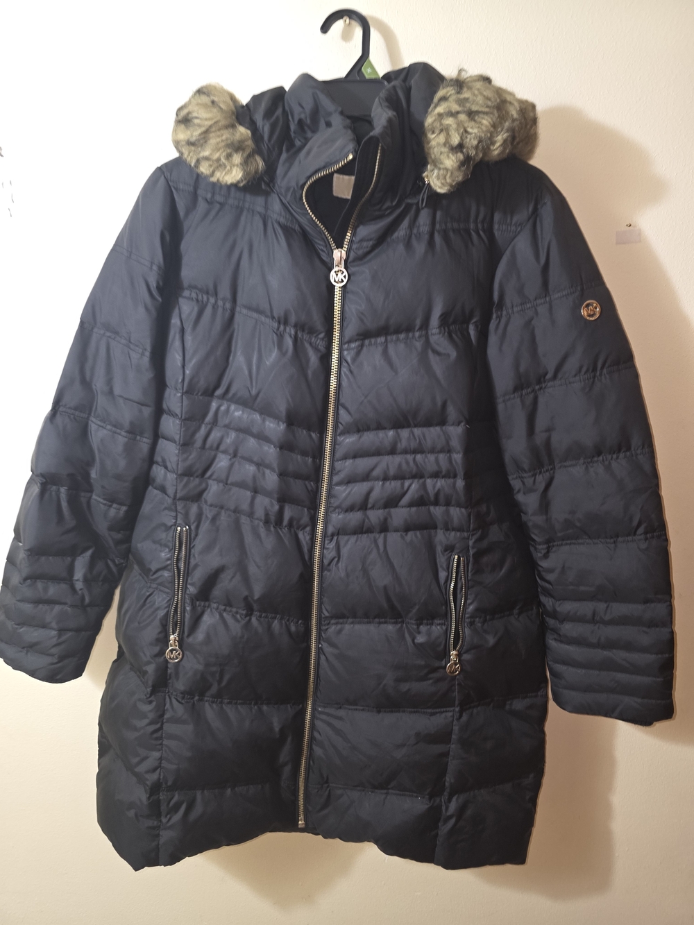 Michael Kors Navy Quilted Puffer Coat with Faux Fur Hood Trim